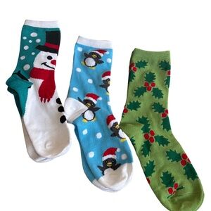 Festive Holiday Socks Set snowman, holly and penguin (3 for $12 item)